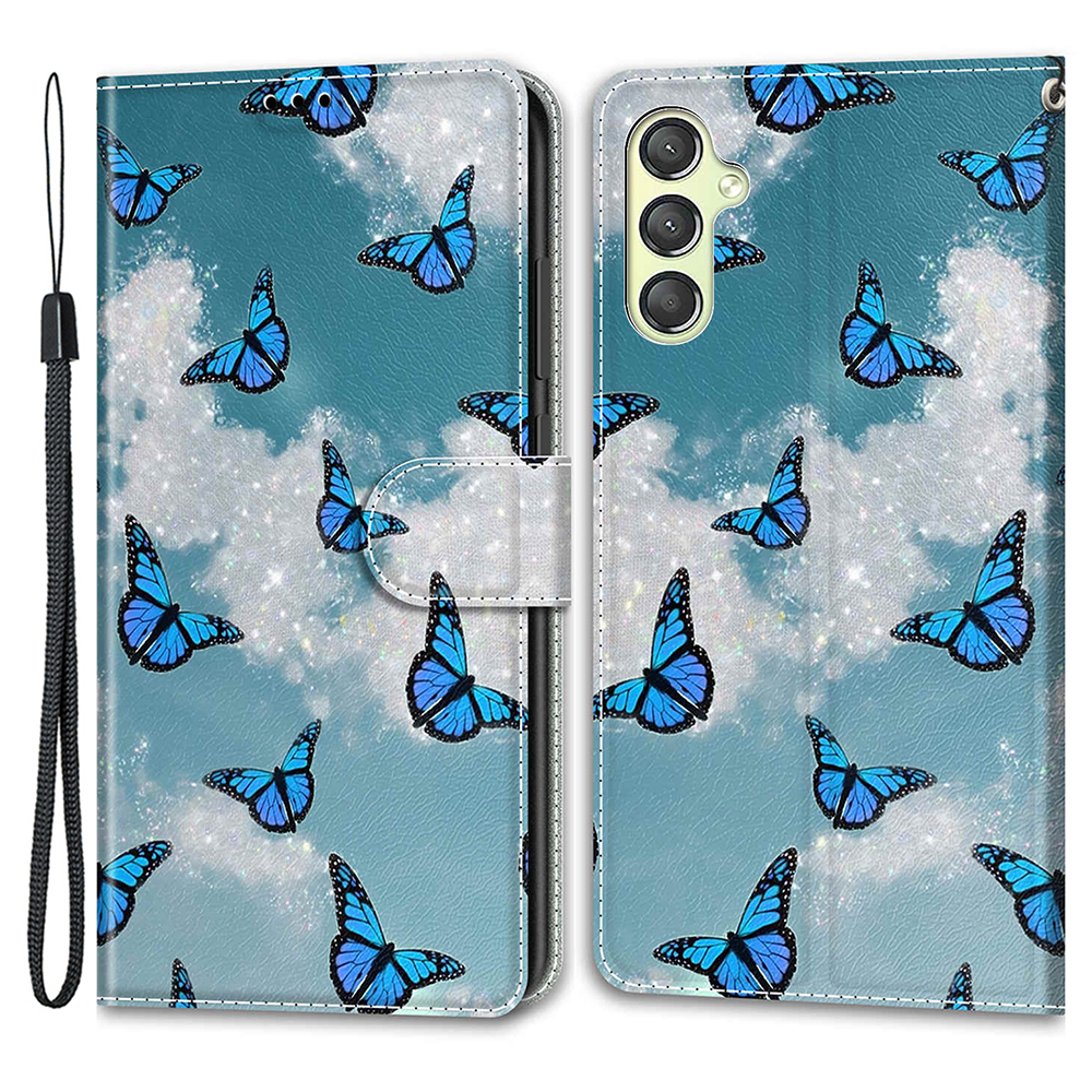 

Für Samsung Galaxy A24 4G Stand Phone Hoffnotterhalter PU Ledermuster Gedrucktes Abdeckung Mit Riemen - Weisse Wolke / Blaue Schmetterlinge, Galaxy A24 4G
