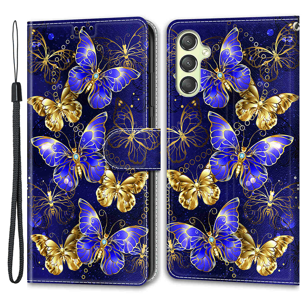 

Für Samsung Galaxy A24 4G Stand Phone Hoffnotterhalter PU Ledermuster Gedrucktes Abdeckung Mit Riemen - Goldene Schmetterlinge, Galaxy A24 4G