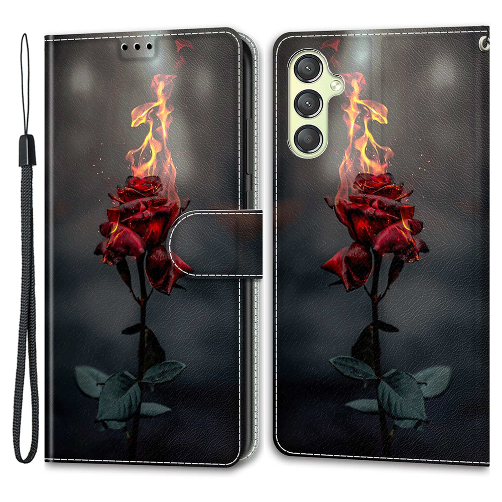 

Für Samsung Galaxy A24 4G Stand Phone Hoffnotterhalter PU Ledermuster Gedrucktes Abdeckung Mit Riemen - Feuer Rose, Galaxy A24 4G