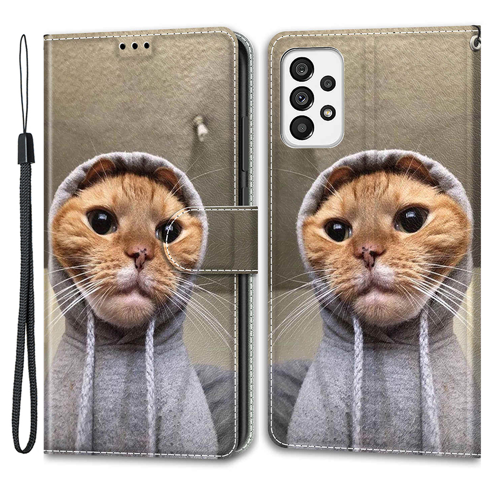 

Für Samsung Galaxy A73 5G Kartenhalter Stand PU Leder -häuse Muster Gedrucktes Telefonabzug Mit Riemen - Gelbe Katze / Pullover, Samsung Galaxy A73 5G