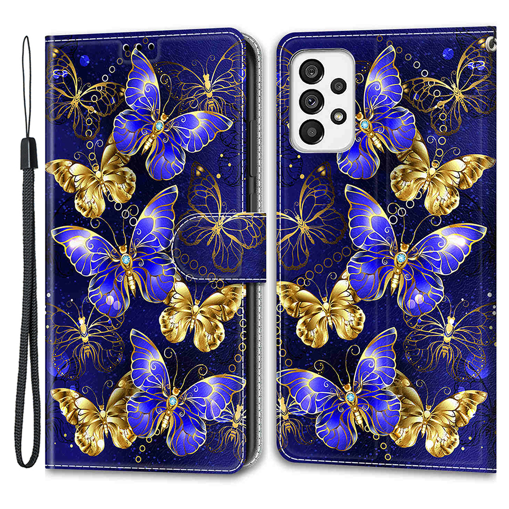 

Für Samsung Galaxy A73 5G Kartenhalter Stand PU Leder -häuse Muster Gedrucktes Telefonabzug Mit Riemen - Goldene Schmetterlinge, Samsung Galaxy A73 5G