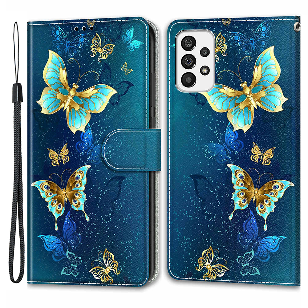 

Für Samsung Galaxy A73 5G Kartenhalter Stand PU Leder -häuse Muster Gedrucktes Telefonabzug Mit Riemen - Zwei Schmetterlinge, Samsung Galaxy A73 5G
