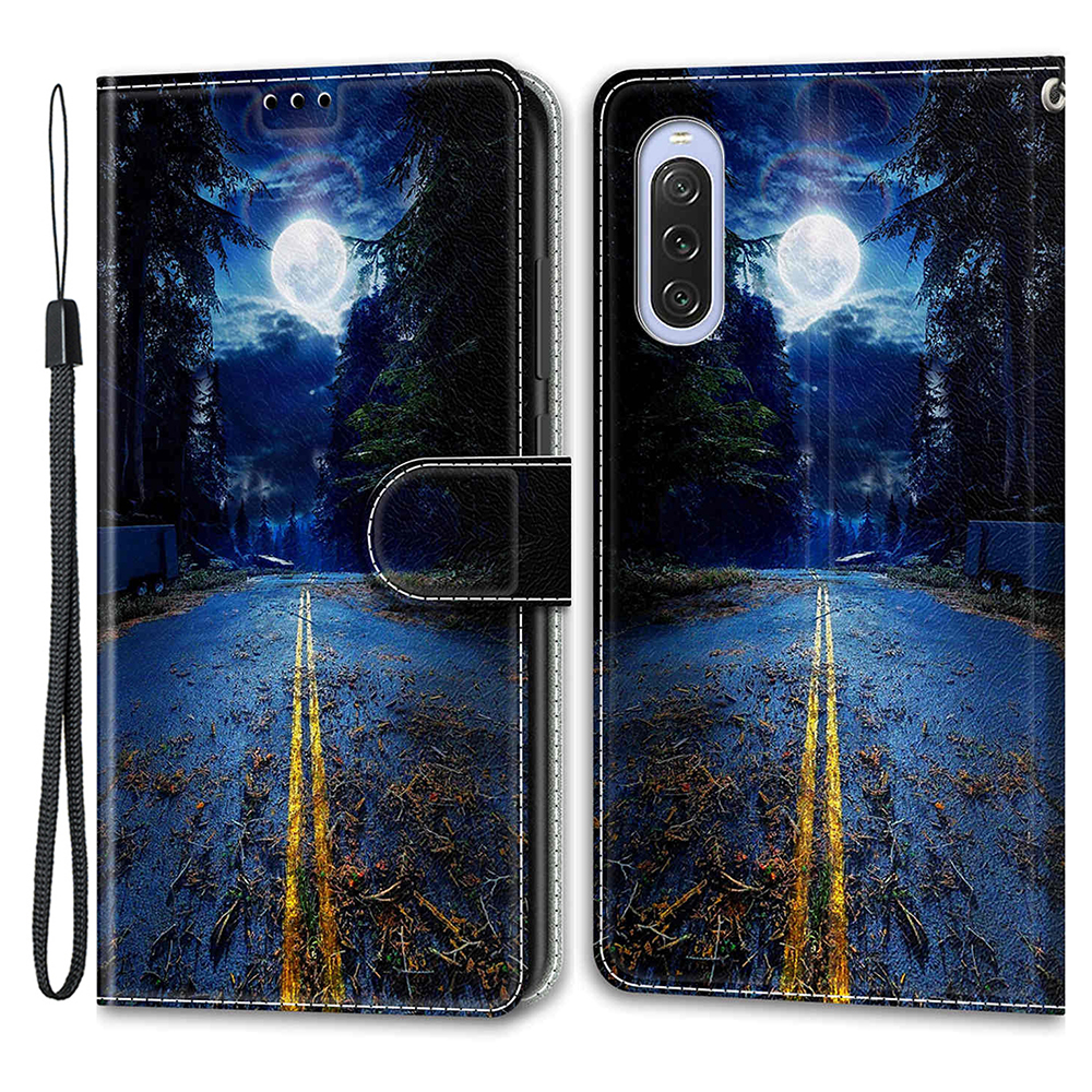 

Für Sony Xperia 10 V Kartenhalter Telefon Hülle Muster Gedruckter Ständer Lederabdeckung Mit Riemen - Nachtstraße / Mond, Sony Xperia 10 V