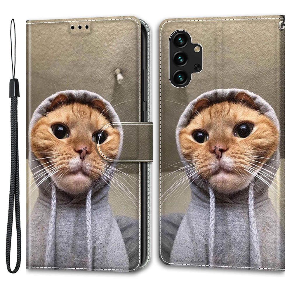 

Für Samsung Galaxy A13 4G Stand Card Halter Phone Hülle Muster Drucklederabdeckung Mit Riemen - Gelbe Katze / Pullover, Galaxy A13 4G