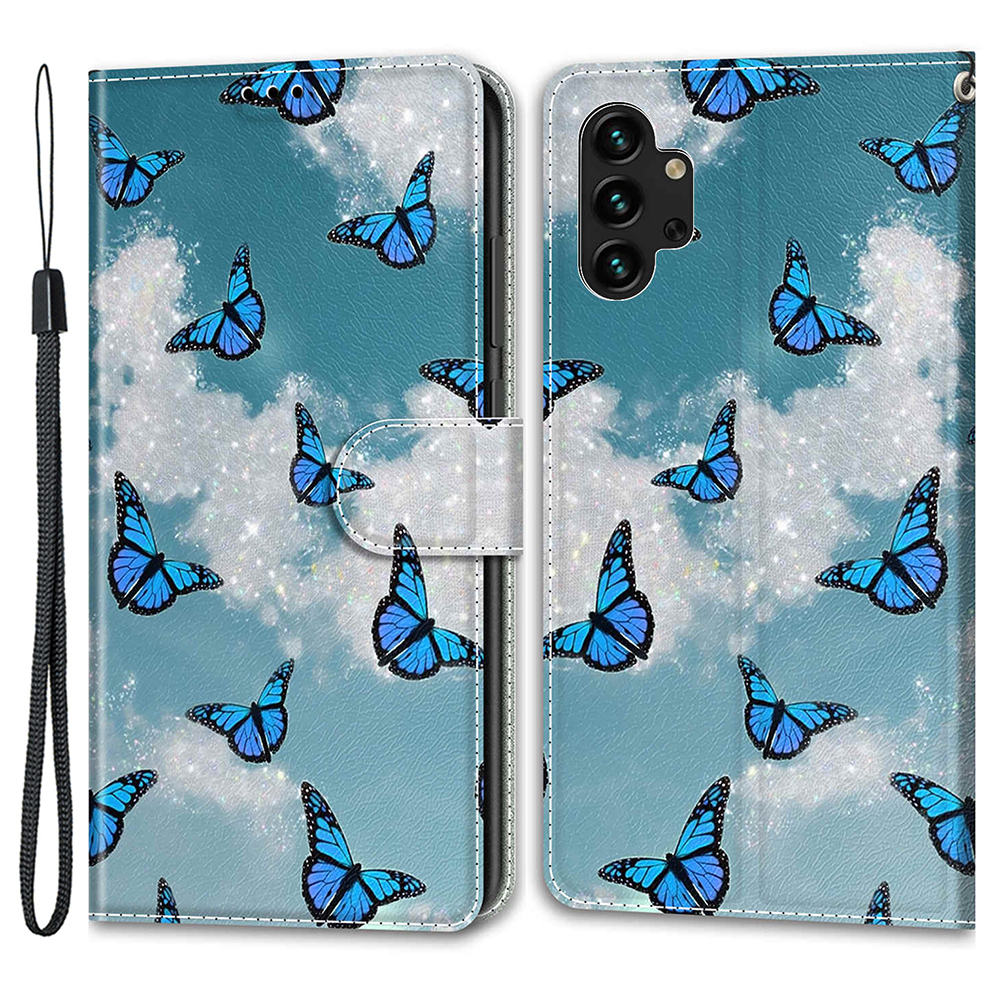 

Für Samsung Galaxy A13 4G Stand Card Halter Phone Hülle Muster Drucklederabdeckung Mit Riemen - Weisse Wolke / Blaue Schmetterlinge, Galaxy A13 4G