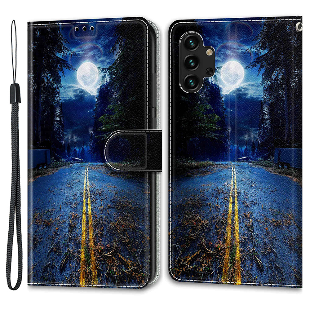 

Für Samsung Galaxy A13 4G Stand Card Halter Phone Hülle Muster Drucklederabdeckung Mit Riemen - Nachtstraße / Mond, Galaxy A13 4G