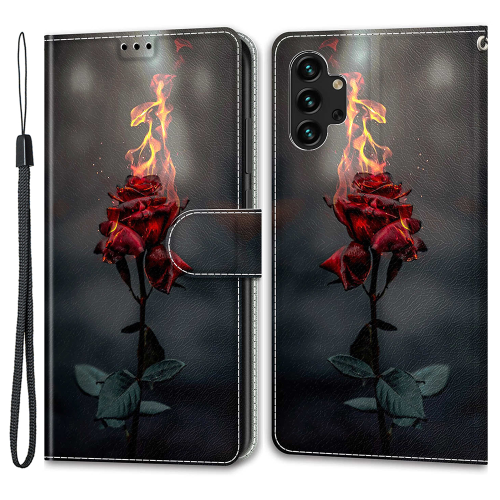 

Für Samsung Galaxy A13 4G Stand Card Halter Phone Hülle Muster Drucklederabdeckung Mit Riemen - Feuer Rose, Galaxy A13 4G