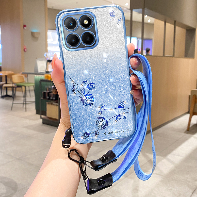 

Für Ehre X8 5g / X6 4g / 70 Lite 5G Anti-fingerabdruck TPU Phone Hülle Glitzerblumenmuster-gradientenabdeckung Mit Riemen - Blau, Honor X8 5G