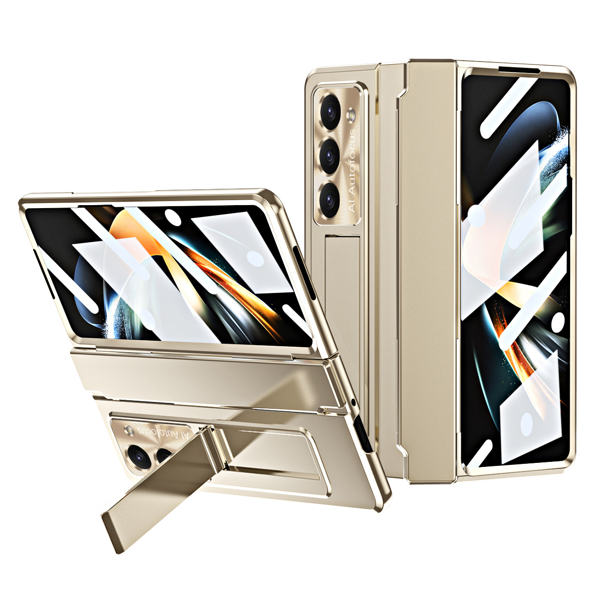 

Für Samsung Galaxy Z Fold5 5G Kickstand Hard PC Case Schutzphase Mit Objektivfilm Und Temperaturglas Screenfilm - Gold, Galaxy Z Fold5 5G