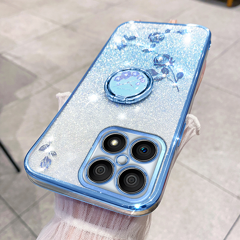 

Für Ehre X8 4g / X30i Glitzer-gradient TPU Phone Hülle Ring Kickstand Strassblume Anti-drop-abdeckung - Blau, Honor X30i
