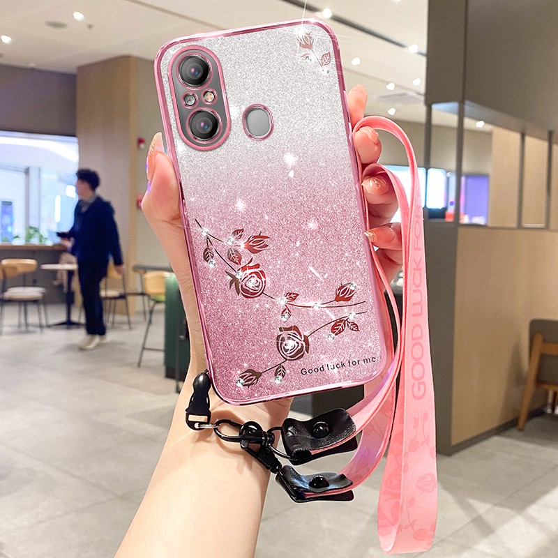 

Für Itel A58 Pro / A58 / A49 Glitter Pulver Phone Hülle Gradient TPU Blumenmusterabdeckung Mit Riemen - Roségold, Itel A58 Pro