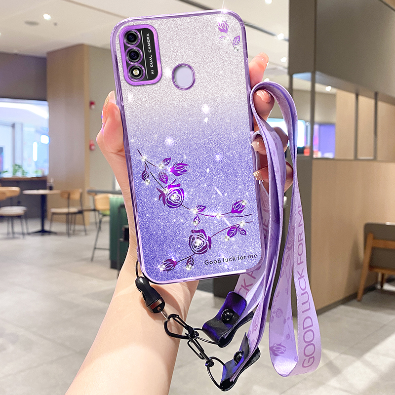 

TPU Back Phone Shell Für Itel A48, Blumenmuster Glitzer Telefonhülle Gradientenabdeckung Mit Riemen - Lila, iTel A48