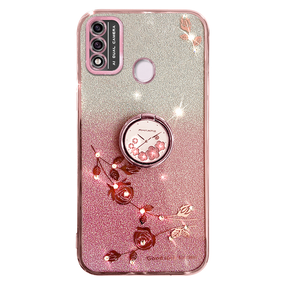 

Für Itel A48 Gradient Glitzer TPU -deckungs -strass -blumen -handy -handy Mit Ringstand - Roségold, iTel A48
