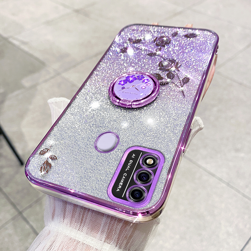 

Für Itel A48 Gradient Glitzer TPU -deckungs -strass -blumen -handy -handy Mit Ringstand - Lila, iTel A48