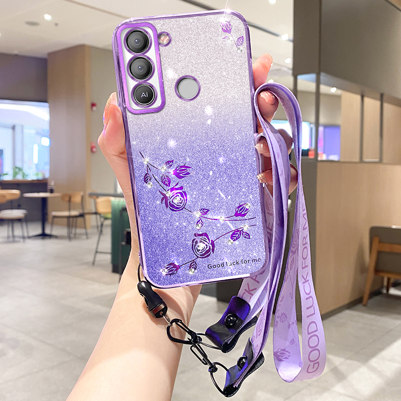 

Für Tecno Pop 5 LTE 4G Slim-fit-gradient TPU Telefonschale Glitzer Blumenmuster Telefonhülle Mit Riemen - Lila, Tecno Pop 5 LTE 4G