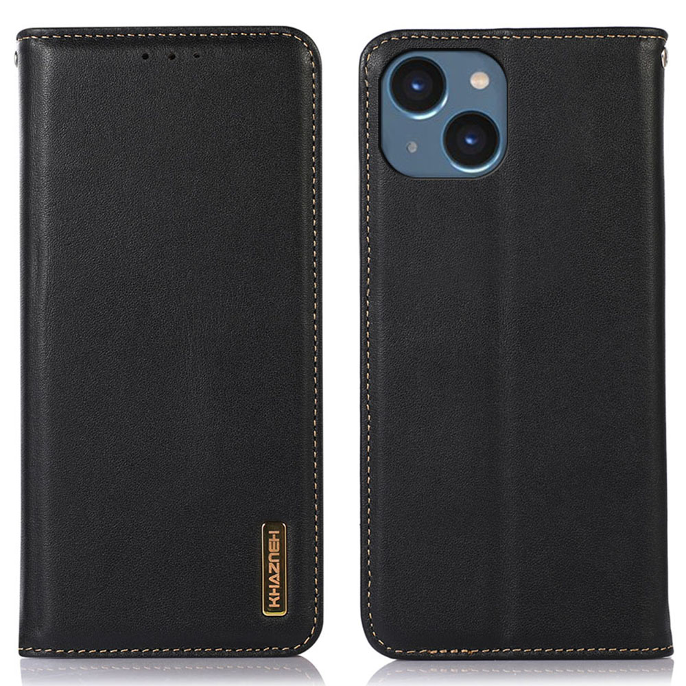 

Khazneh Für Iphone 15 Anti-drogen-rfid-blockierungsbrieftaschenhülle Echtes Kuhleder-ständer Cover - Schwarz, iPhone 15