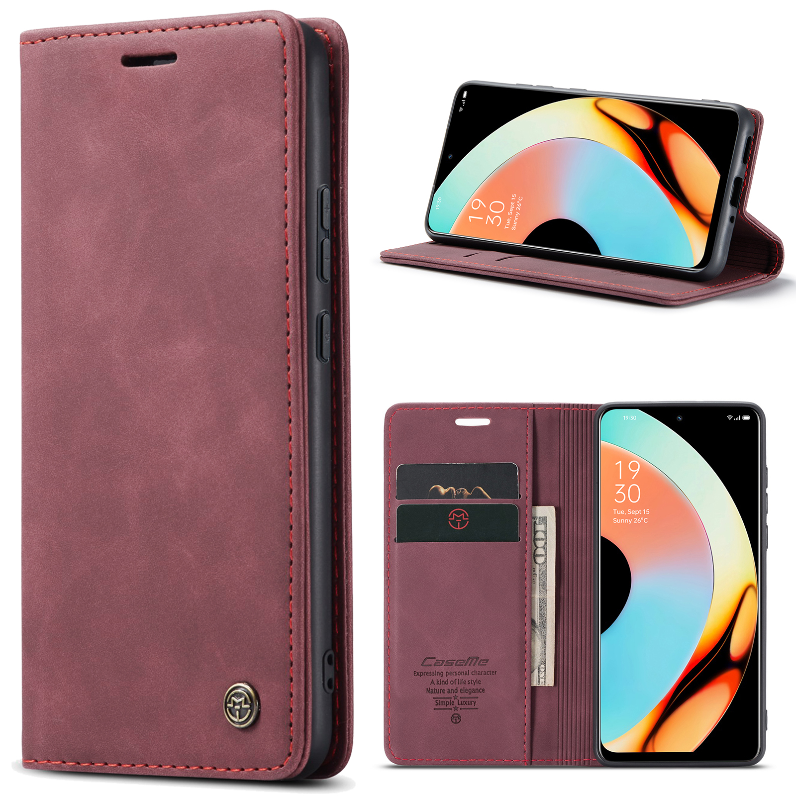 

Caseme 013 -serie Für Realme 10 Pro+ 5G Leder Brieftaschenstillhülle Volle Schutzabdeckung - Weinrot, Realme 10 Pro+ 5G