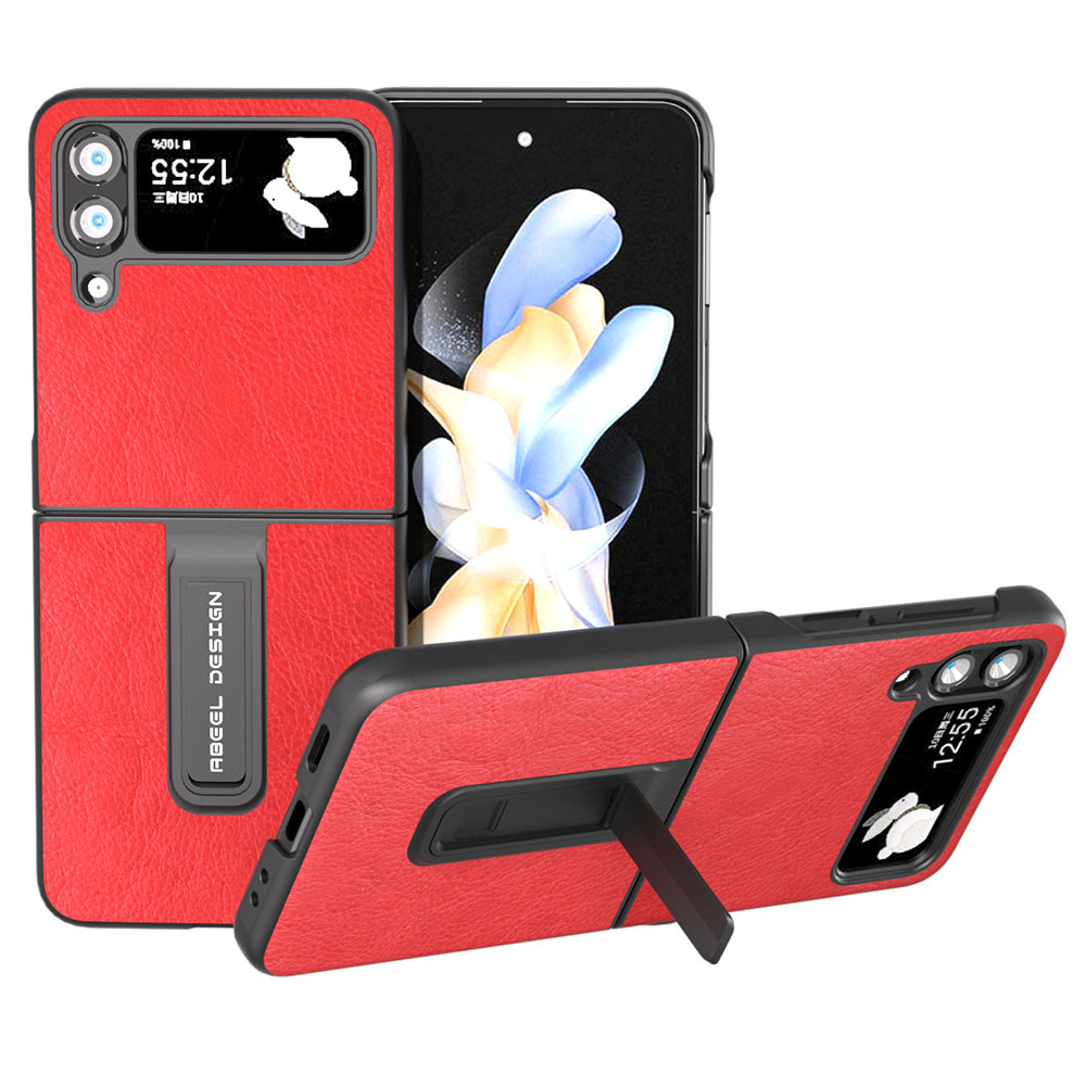 

ABEEL Für Samsung Galaxy Z Flip4 5G Kickstand Schutzhülle PU Leder+pc Retro Litchi Textur Telefonabdeckung - Rot, Galaxy Z Flip4 5G