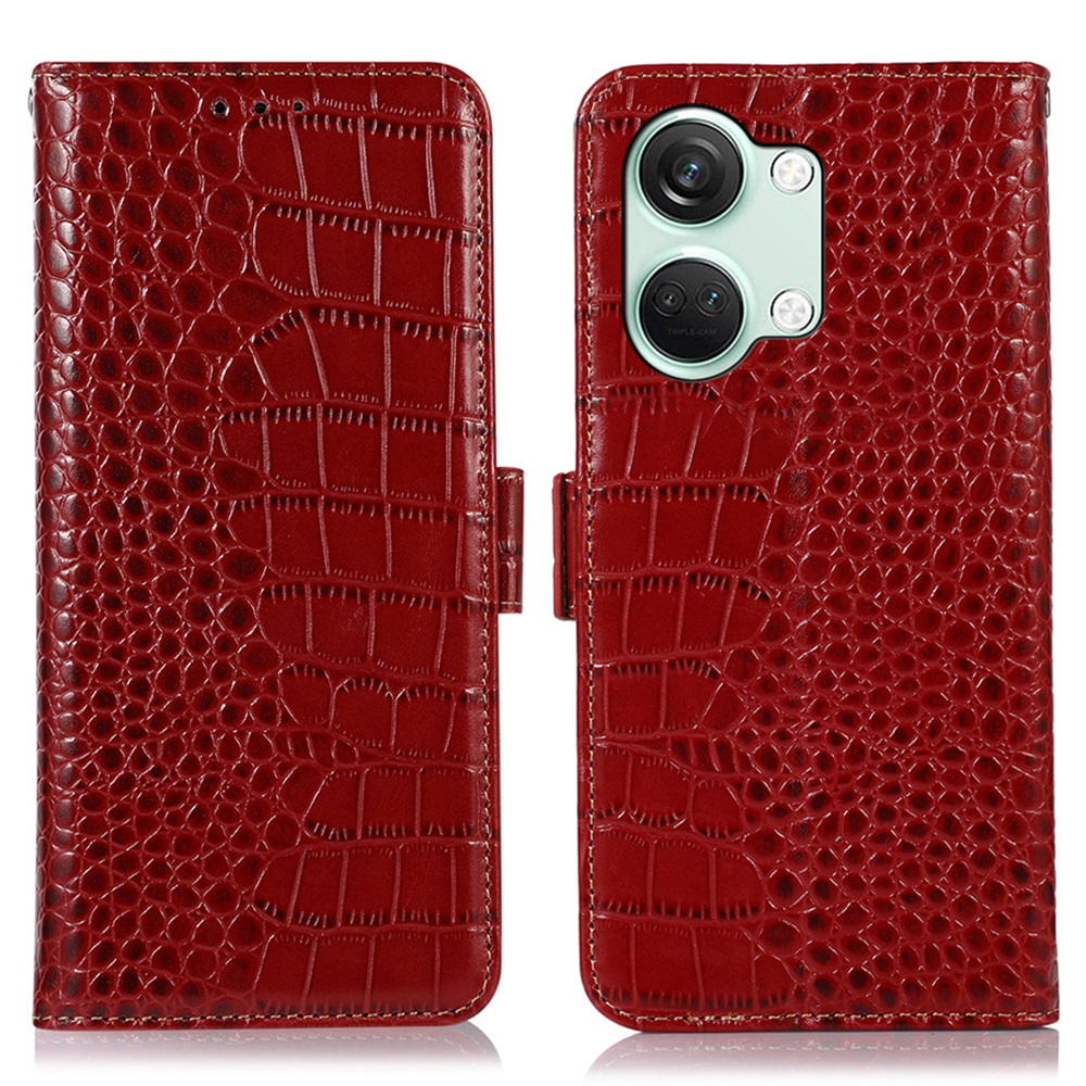 

Für OnePlus Nord 3 5g / Ace 2V Wallet Phone Hülle Echte Kuhleder -krokodiltextur RFID -blockierungsständer Cover - Rot, OnePlus Nord 3 5G