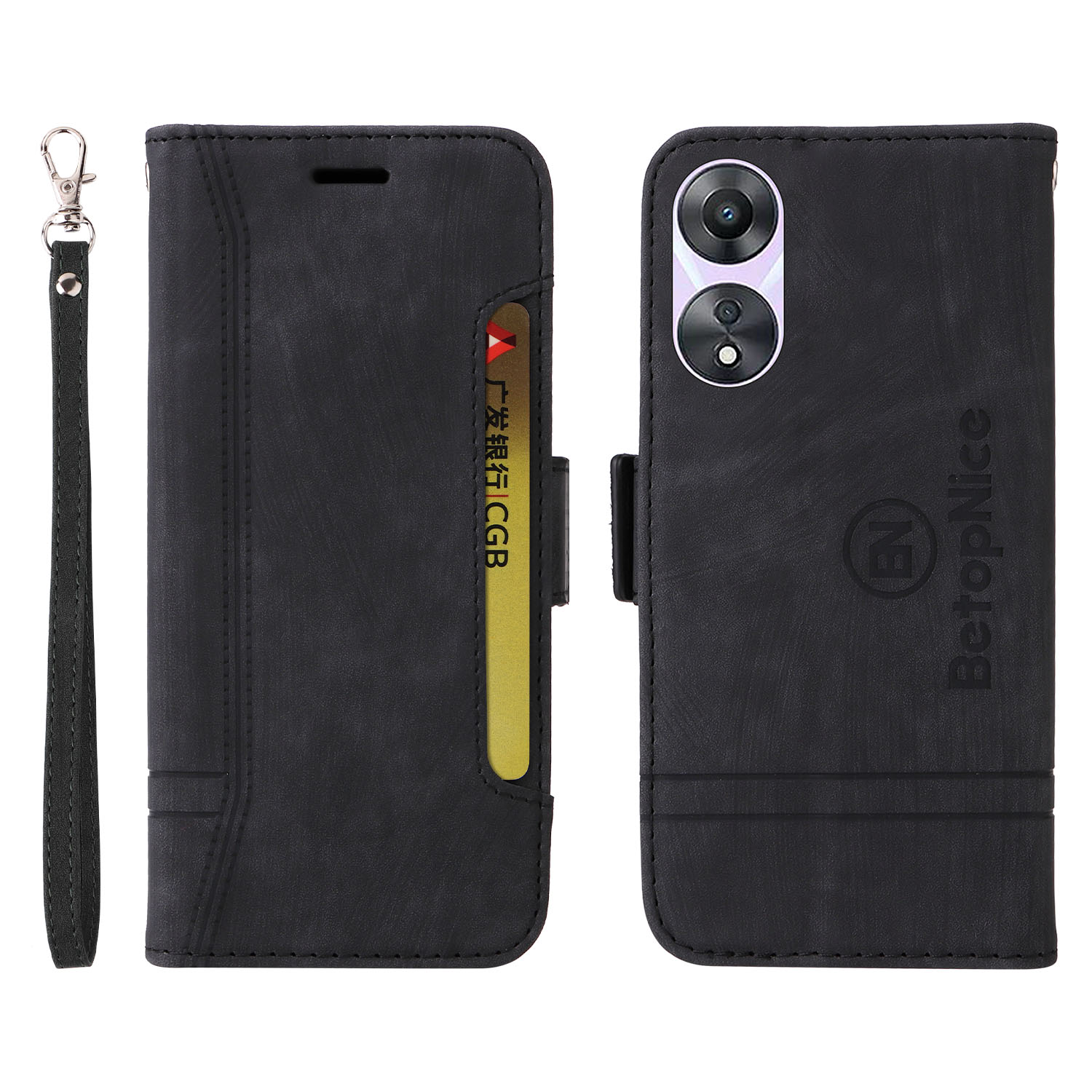 

Betopnice 001 Für Oppo A58 5G / A78 5G PU Leder Flip Cover Annähte Geprägte Brieftaschenhülle - Schwarz, Oppo A58 5G