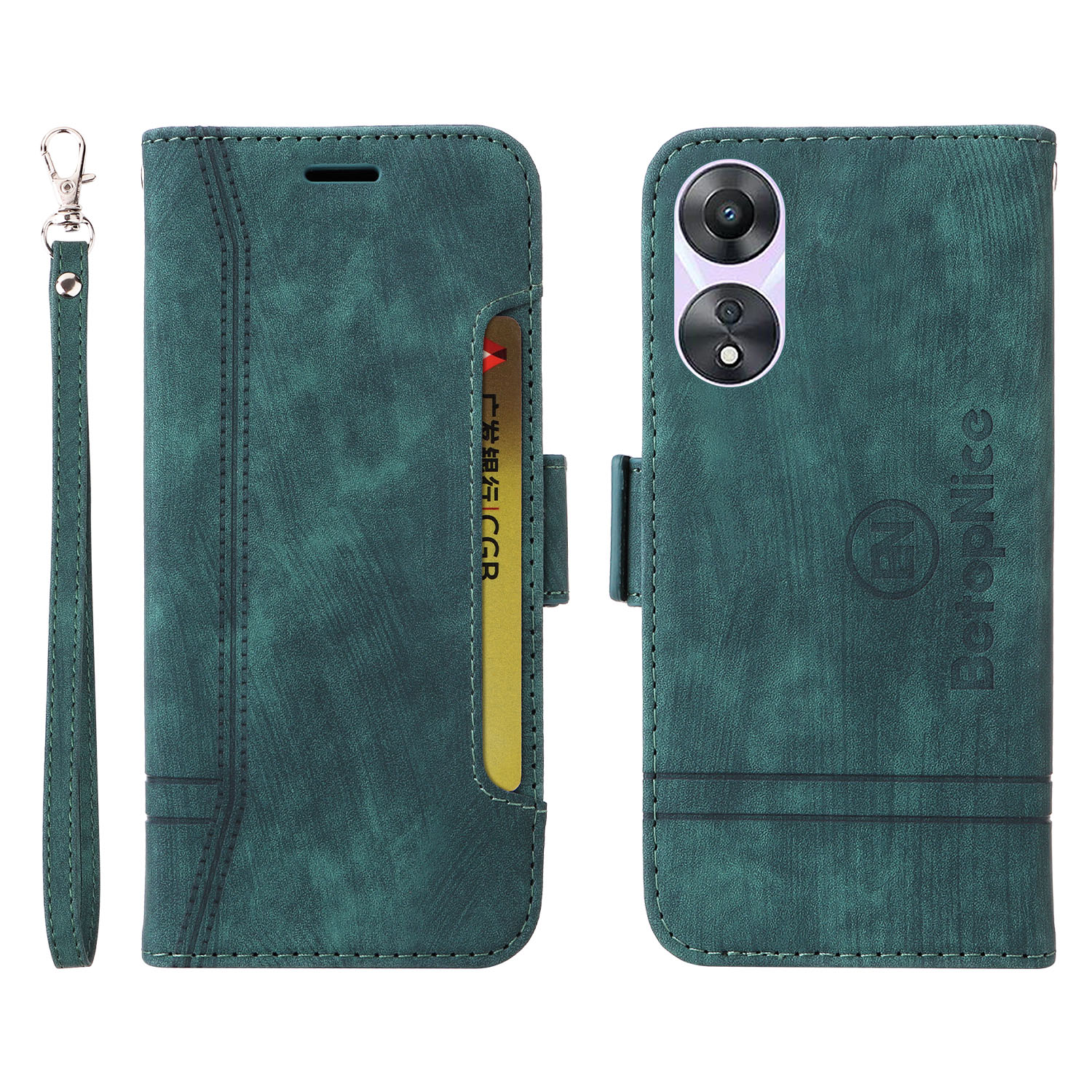 

Betopnice 001 Für Oppo A58 5G / A78 5G PU Leder Flip Cover Annähte Geprägte Brieftaschenhülle - Grün, Oppo A58 5G