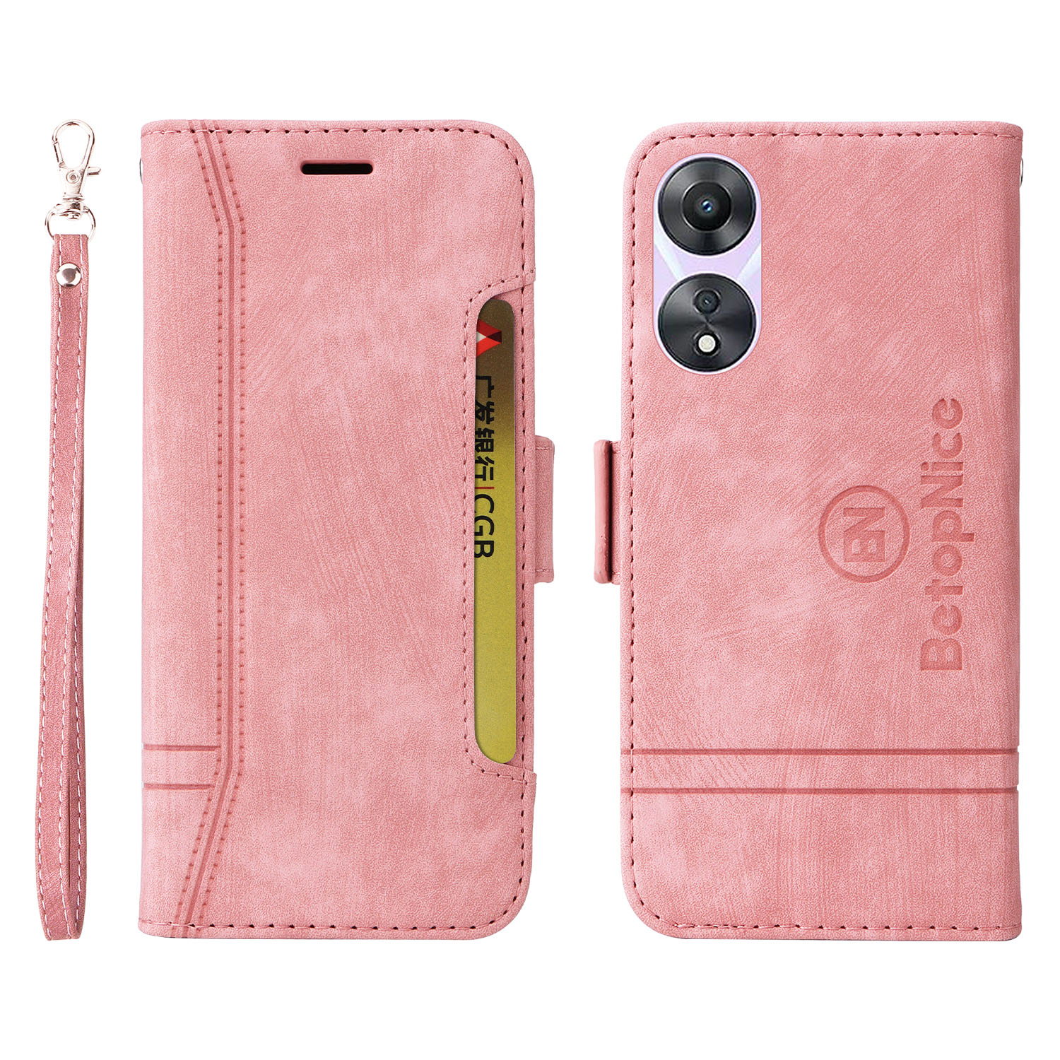 

Betopnice 001 Für Oppo A58 5G / A78 5G PU Leder Flip Cover Annähte Geprägte Brieftaschenhülle - Rosa, Oppo A58 5G