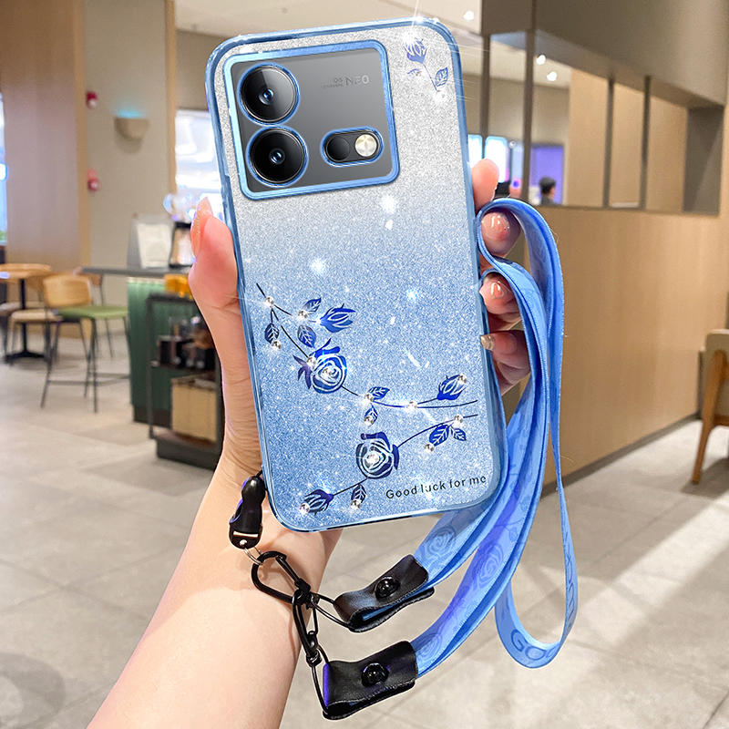 

Für Vivo Iqoo Neo8 5g / Neo8 Pro 5G Glitzer Strass -blumen -telefon -hülle -gradient TPU -abdeckung Mit Riemen - Blau, vivo iQOO Neo8 5G