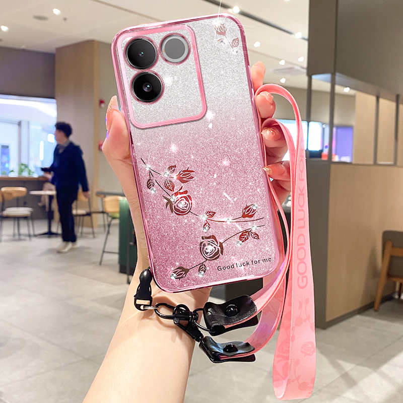 

Für Vivo S17e 5G Glitzer Blumenmuster Phone Case Gradient TPU -rückdecke Mit Riemen - Roségold, vivo S17e 5G
