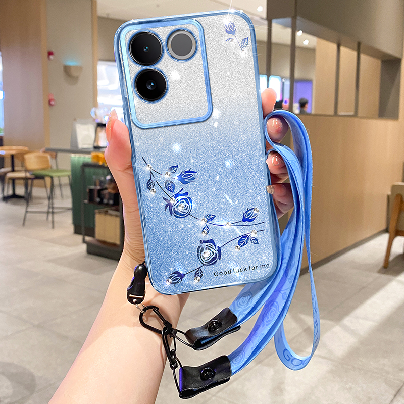 

Für Vivo S17e 5G Glitzer Blumenmuster Phone Case Gradient TPU -rückdecke Mit Riemen - Blau, vivo S17e 5G