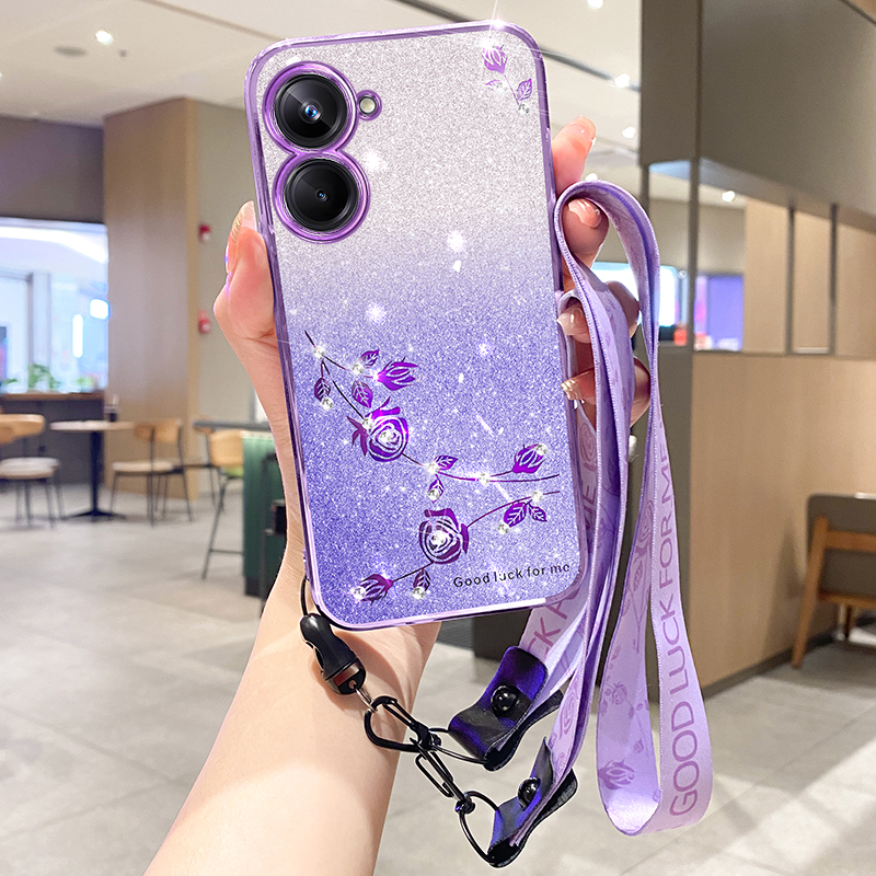 

Für Realme C33 4G / C33 2023 4G Strassblüte Anti-kratzer-hülle Glitzer Tpu-telefonabdeckung Mit Riemen - Lila, Realme C33 4G