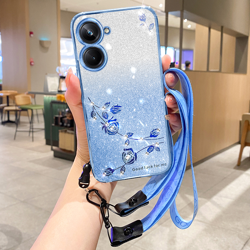 

Für Realme 10 Pro 5G Glitzer -gradient TPU -abdeckung Mit Riemen -strass -blütenhülle - Blau, Realme 10 Pro 5G