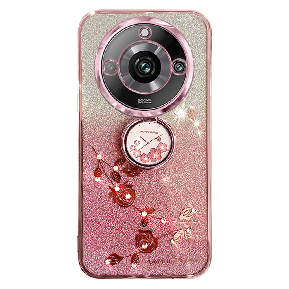 

Für Realme 11 Pro+ 5G Strass Blumenring Kickstand Zurück -cover Glitzer -gradient TPU -telefonhülle - Roségold, Realme 11 Pro+ 5G