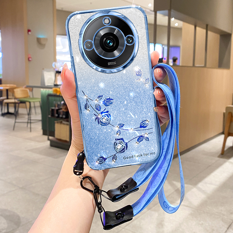 

TPU -rückzugsabdeckung Des Verlaufs Für Realme 11 Pro+ 5G Glitzer Blumenmuster Telefonhülle Mit Riemen - Blau, Realme 11 Pro+ 5G