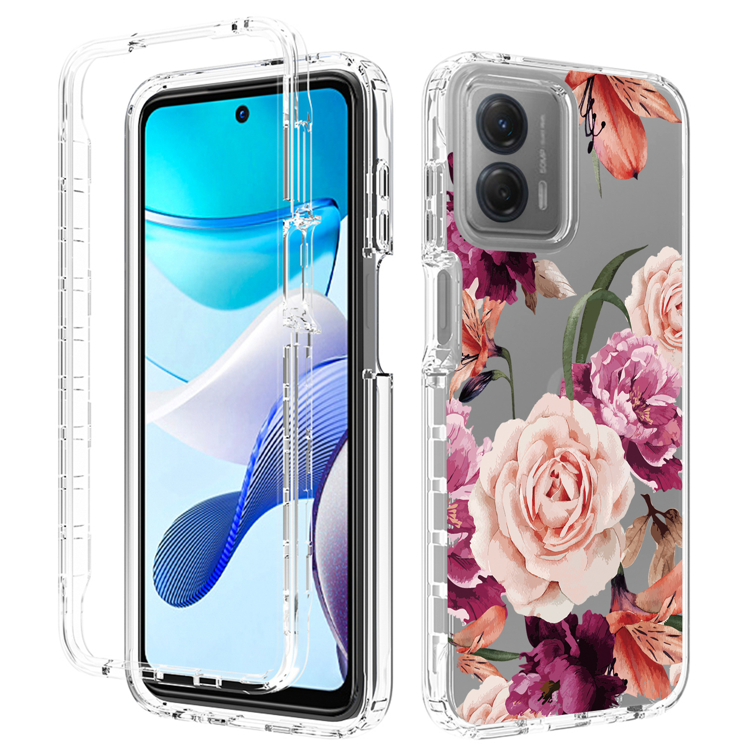 

Für Motorola Moto G 5G (2023) / Moto G Power 5G Transparent Telefonkoffer PC Frame + TPU -musterdruckabdeckung - Lila Blume, Motorola Moto G 5G (2023)