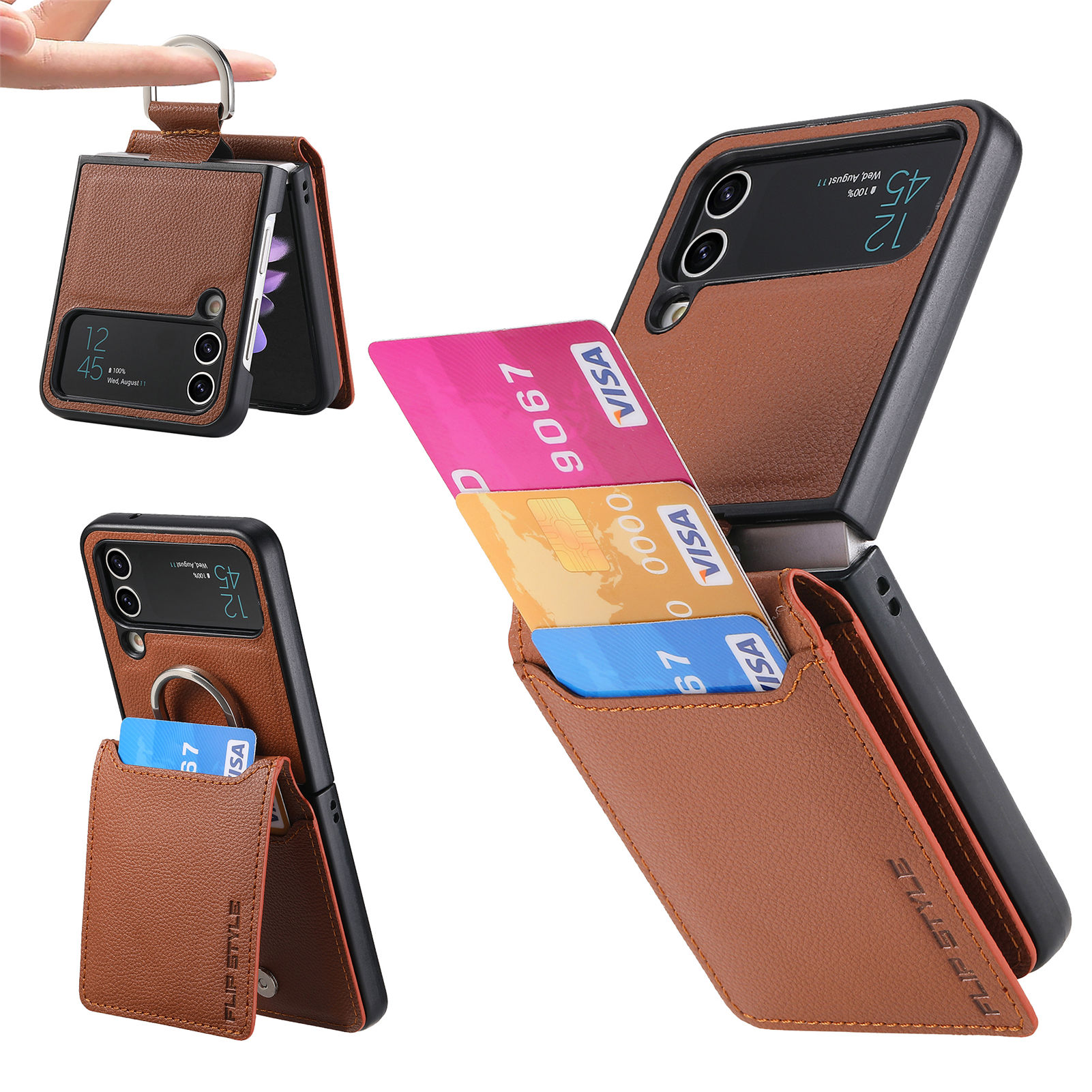

Für Samsung Galaxy Z Flip3 5G PU Leder + PC Phone Case Card Holder Kick -stand -cover - Braun, Samsung Galaxy Z Flip3 5G