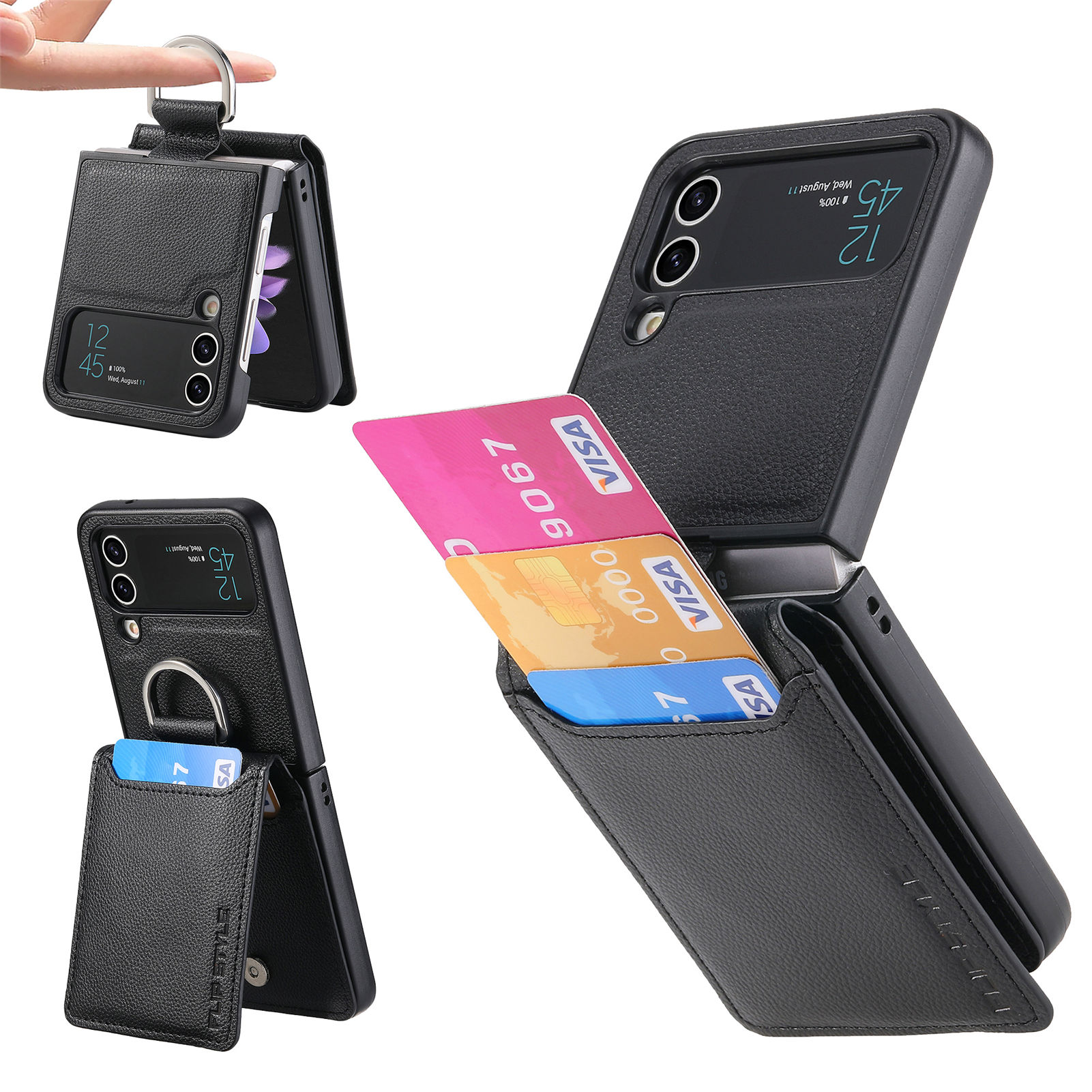 

Für Samsung Galaxy Z Flip3 5G PU Leder + PC Phone Case Card Holder Kick -stand -cover - Schwarz, Samsung Galaxy Z Flip3 5G