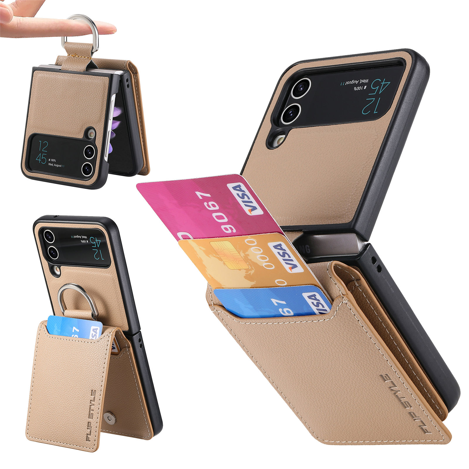 

Für Samsung Galaxy Z Flip3 5G PU Leder + PC Phone Case Card Holder Kick -stand -cover - Grau, Samsung Galaxy Z Flip3 5G