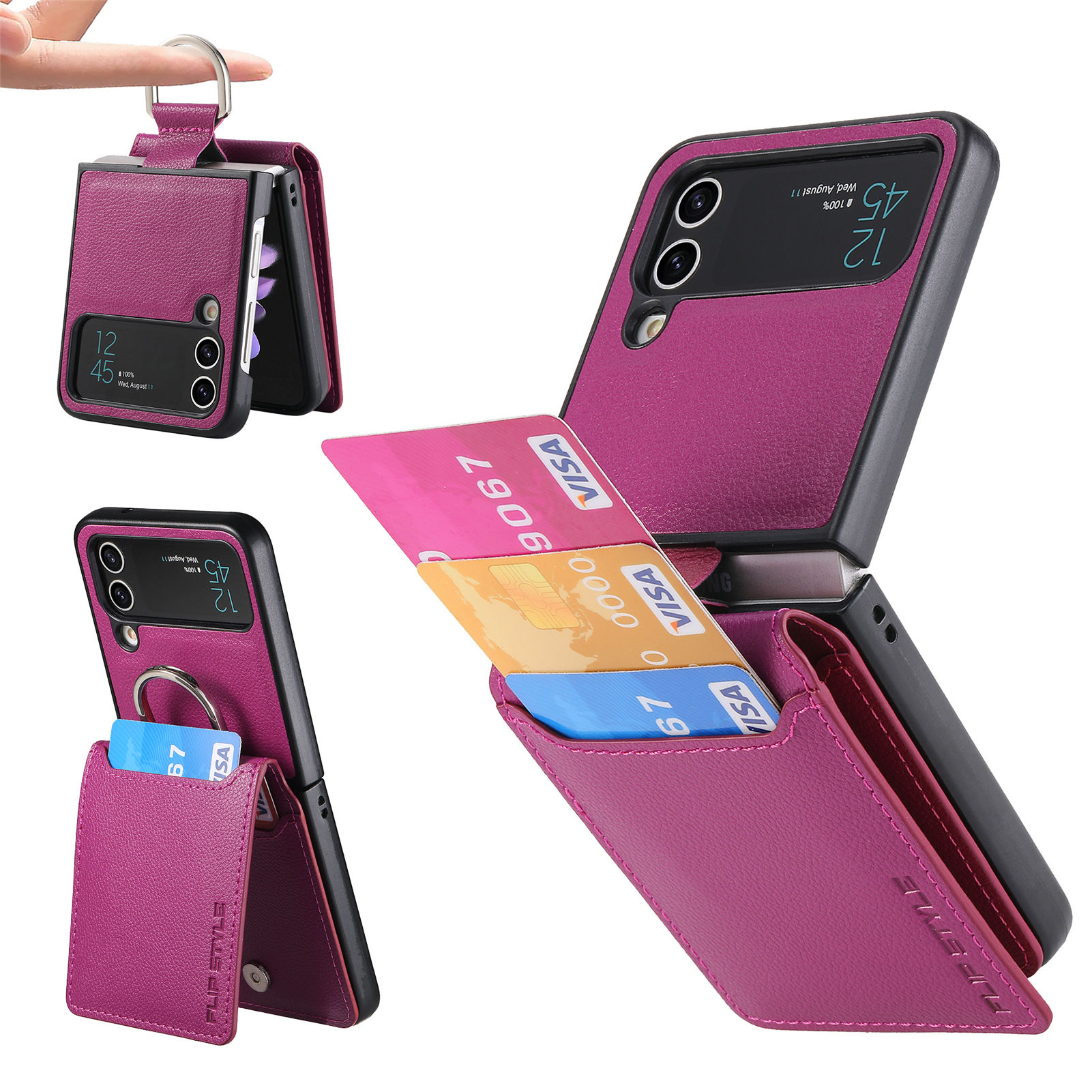 

Für Samsung Galaxy Z Flip3 5G PU Leder + PC Phone Case Card Holder Kick -stand -cover - Lila, Samsung Galaxy Z Flip3 5G
