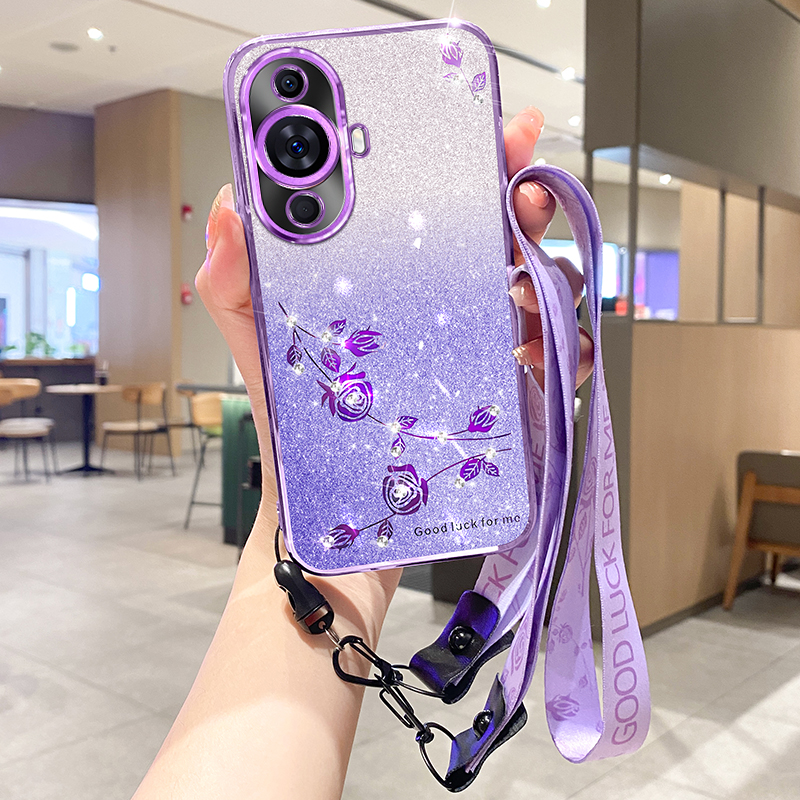 

Glitter -telefonabdeckung Für Huawei Nova 11 Strass -blumen -gradienten TPU -hülle Mit Riemen - Lila, Huawei nova 11