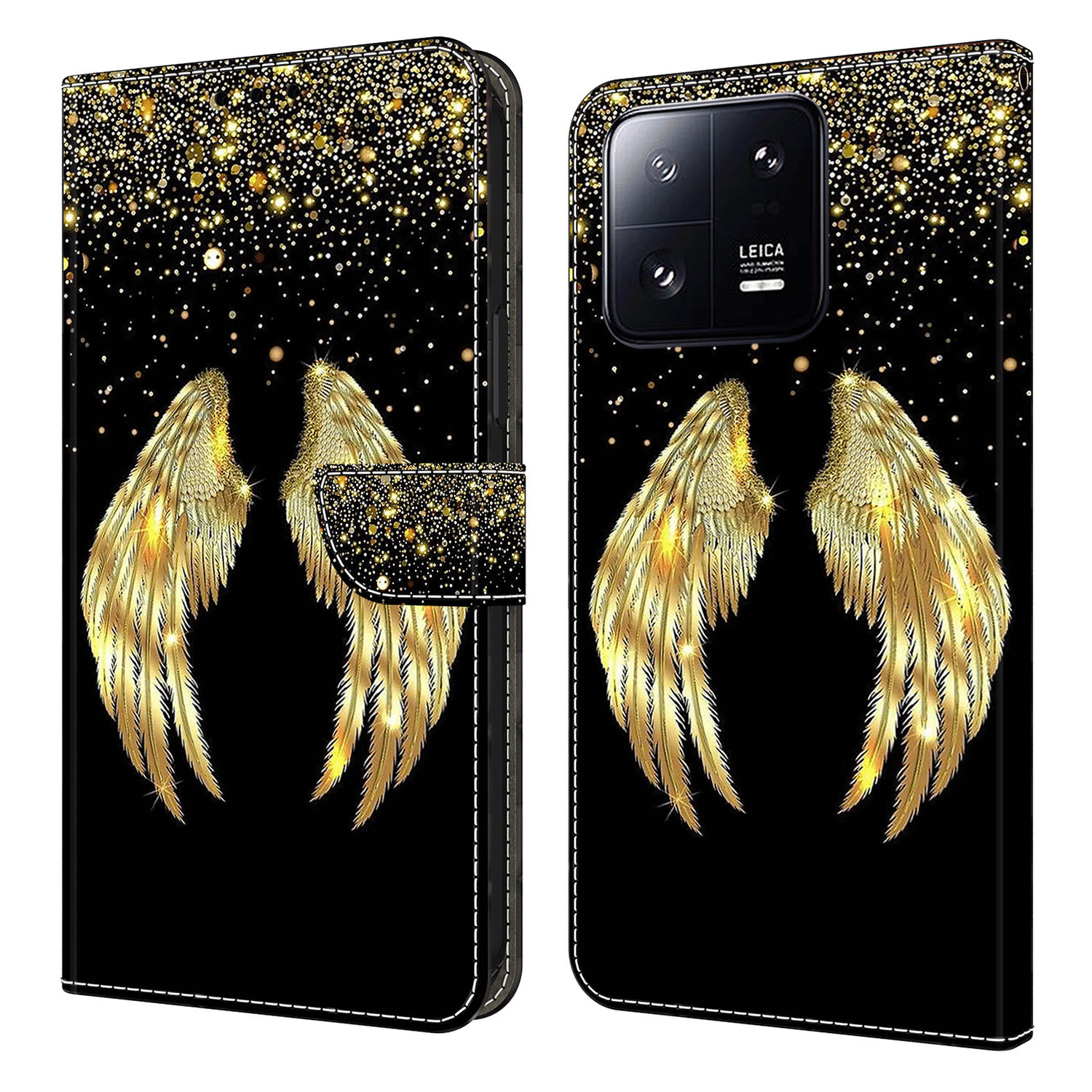 

Für Xiaomi 13 Pro 5G Leder Brieftasche Hülle 3D Muster Druckständer Folio -telefonabdeckung - Gold Flügel, Xiaomi 13 Pro 5G
