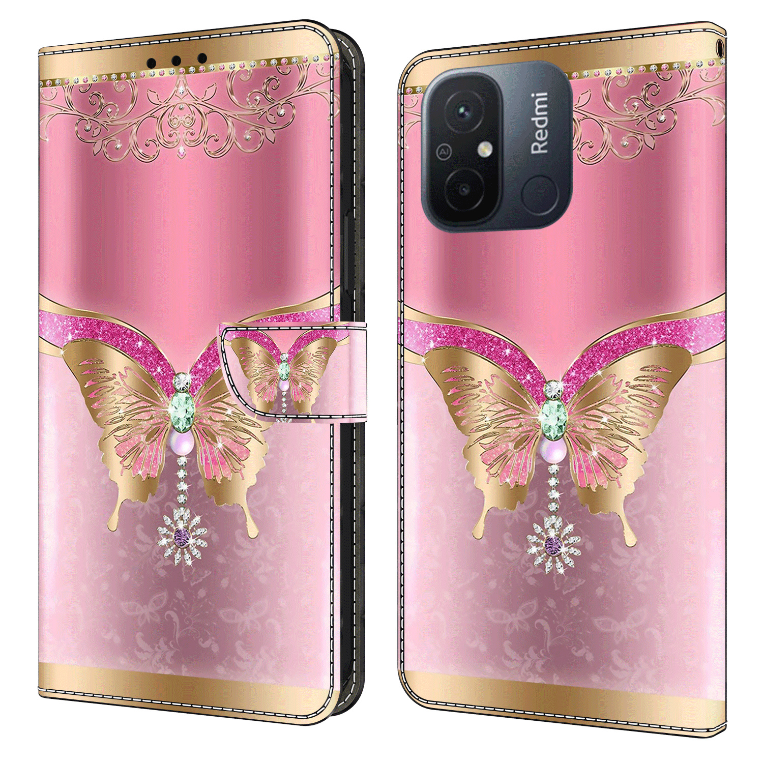 

Leder -telefonhülle Für Xiaomi Poco C55 4G / Redmi 11a 4g / 12C 4g, 3D -musterdruckstillwandabdeckung - Rosa / Gold Schmetterling, Xiaomi Poco C55 4G