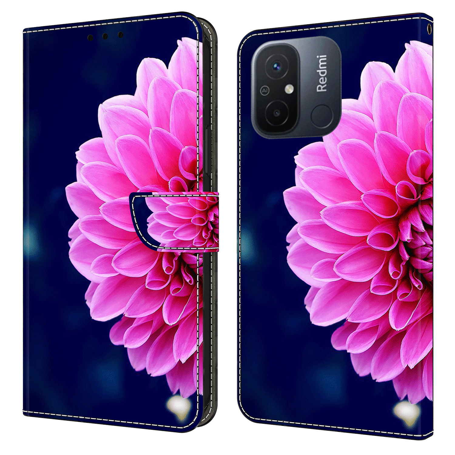 

Leder -telefonhülle Für Xiaomi Poco C55 4G / Redmi 11a 4g / 12C 4g, 3D -musterdruckstillwandabdeckung - Pinke Blumen, Xiaomi Poco C55 4G