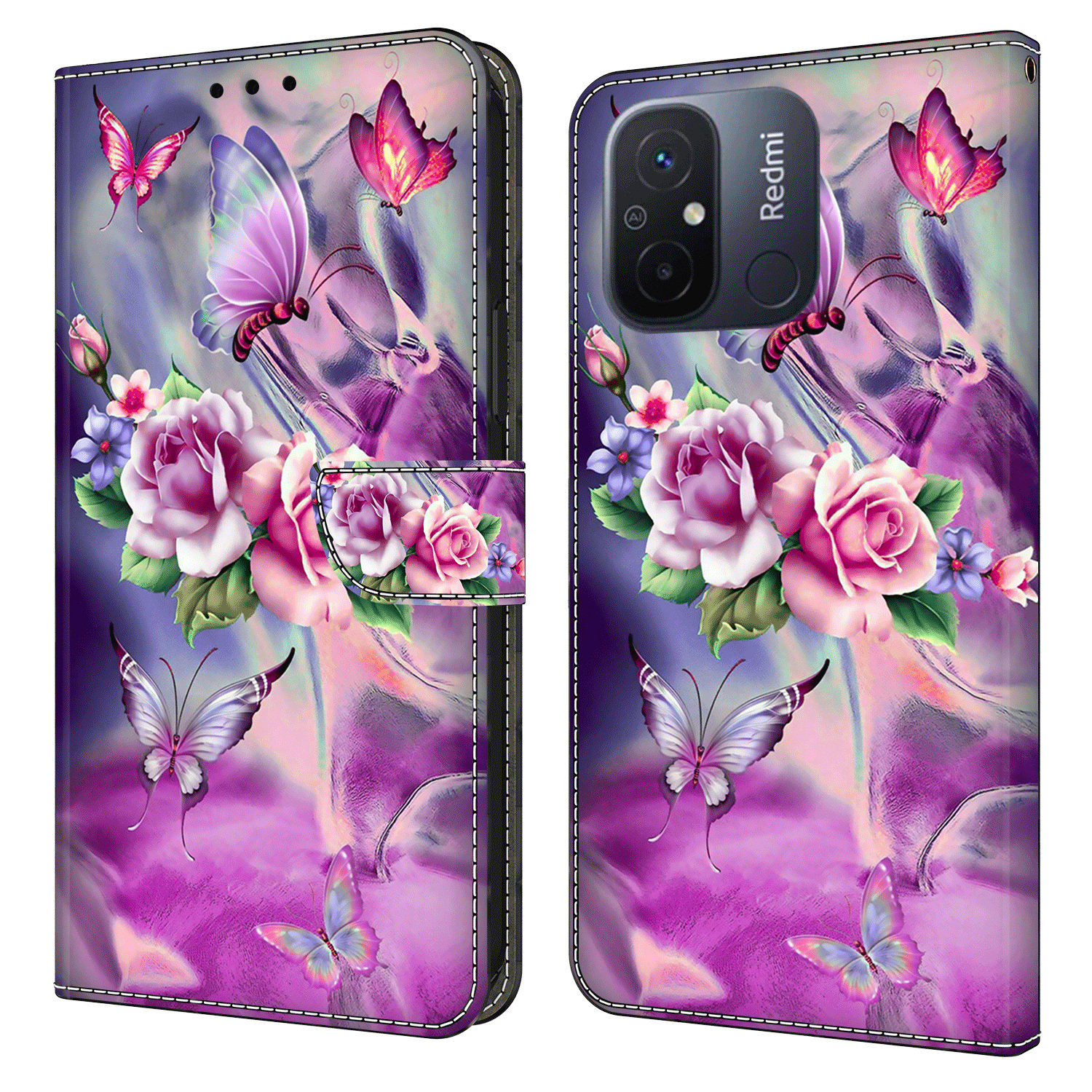 

Leder -telefonhülle Für Xiaomi Poco C55 4G / Redmi 11a 4g / 12C 4g, 3D -musterdruckstillwandabdeckung - Schmetterlinge / Blumen, Xiaomi Poco C55 4G