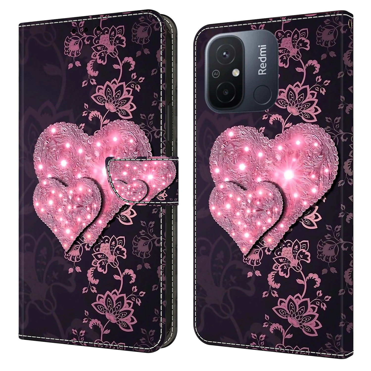 

Leder -telefonhülle Für Xiaomi Poco C55 4G / Redmi 11a 4g / 12C 4g, 3D -musterdruckstillwandabdeckung - Spitzenherzen, Xiaomi Poco C55 4G