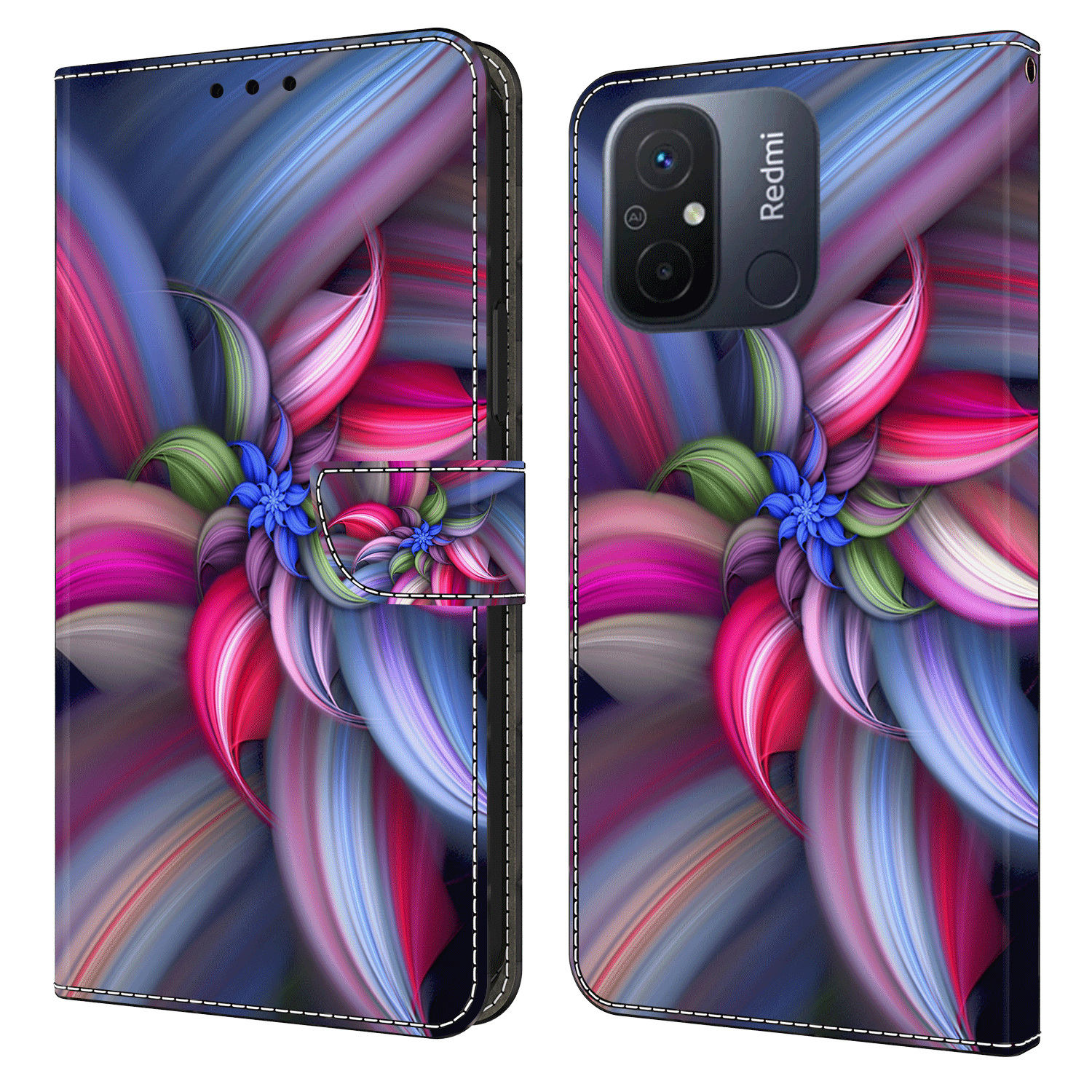 

Leder -telefonhülle Für Xiaomi Poco C55 4G / Redmi 11a 4g / 12C 4g, 3D -musterdruckstillwandabdeckung - Farbenfrohe Blumen, Xiaomi Poco C55 4G
