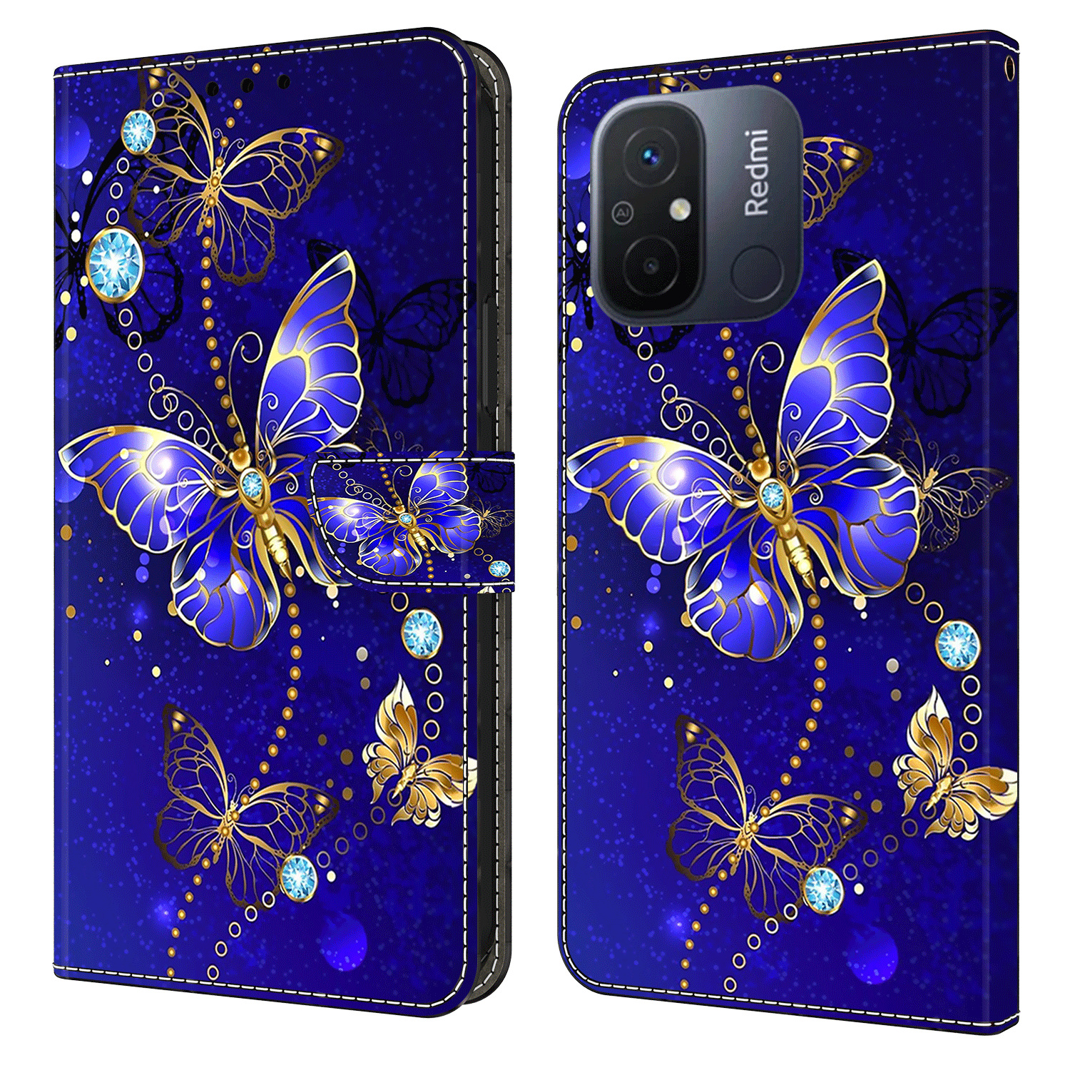 

Leder -telefonhülle Für Xiaomi Poco C55 4G / Redmi 11a 4g / 12C 4g, 3D -musterdruckstillwandabdeckung - Diamond Butterfly, Xiaomi Poco C55 4G