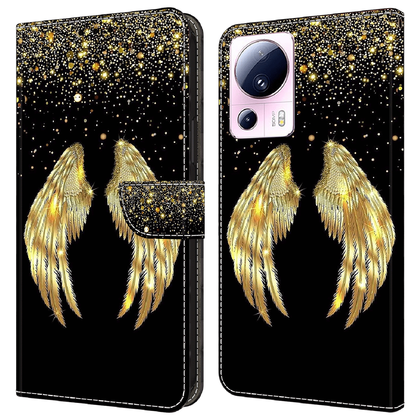 

Für Xiaomi 13 Lite / Civi 2 5G PU Leder Telefon Hülle 3D Muster Druckständer Flip Wallet Wallet - Gold Flügel, Xiaomi 13 Lite