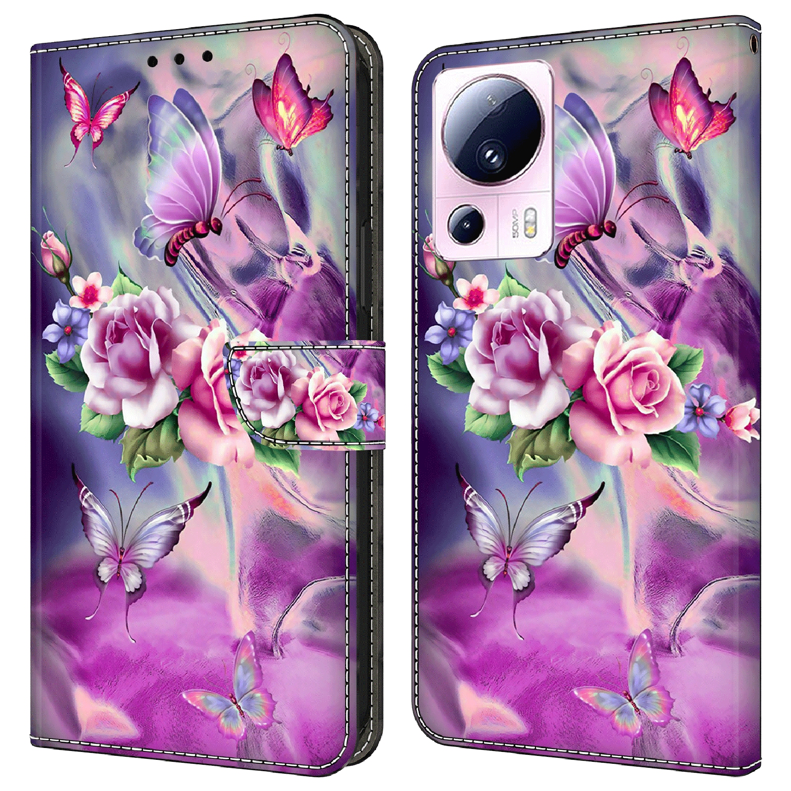 

Für Xiaomi 13 Lite / Civi 2 5G PU Leder Telefon Hülle 3D Muster Druckständer Flip Wallet Wallet - Schmetterlinge / Blumen, Xiaomi 13 Lite