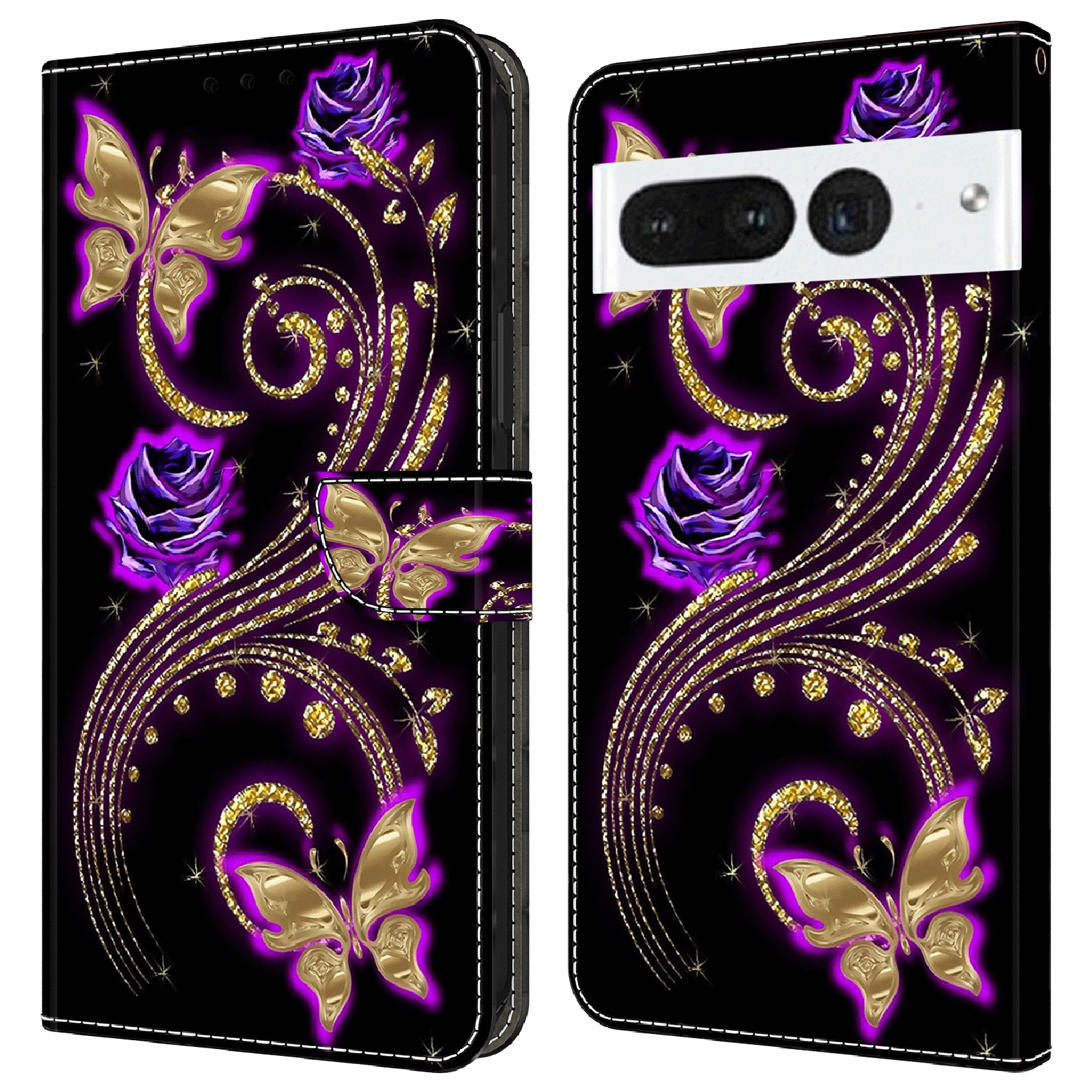 

Für Google Pixel 7 Pro 5G PU Leder -ständer Cover 3D -muster Gedrucktes Flip Wallet Phone Hülle - Lilane Blumen / Schmetterlinge, Google Pixel 7 Pro 5G