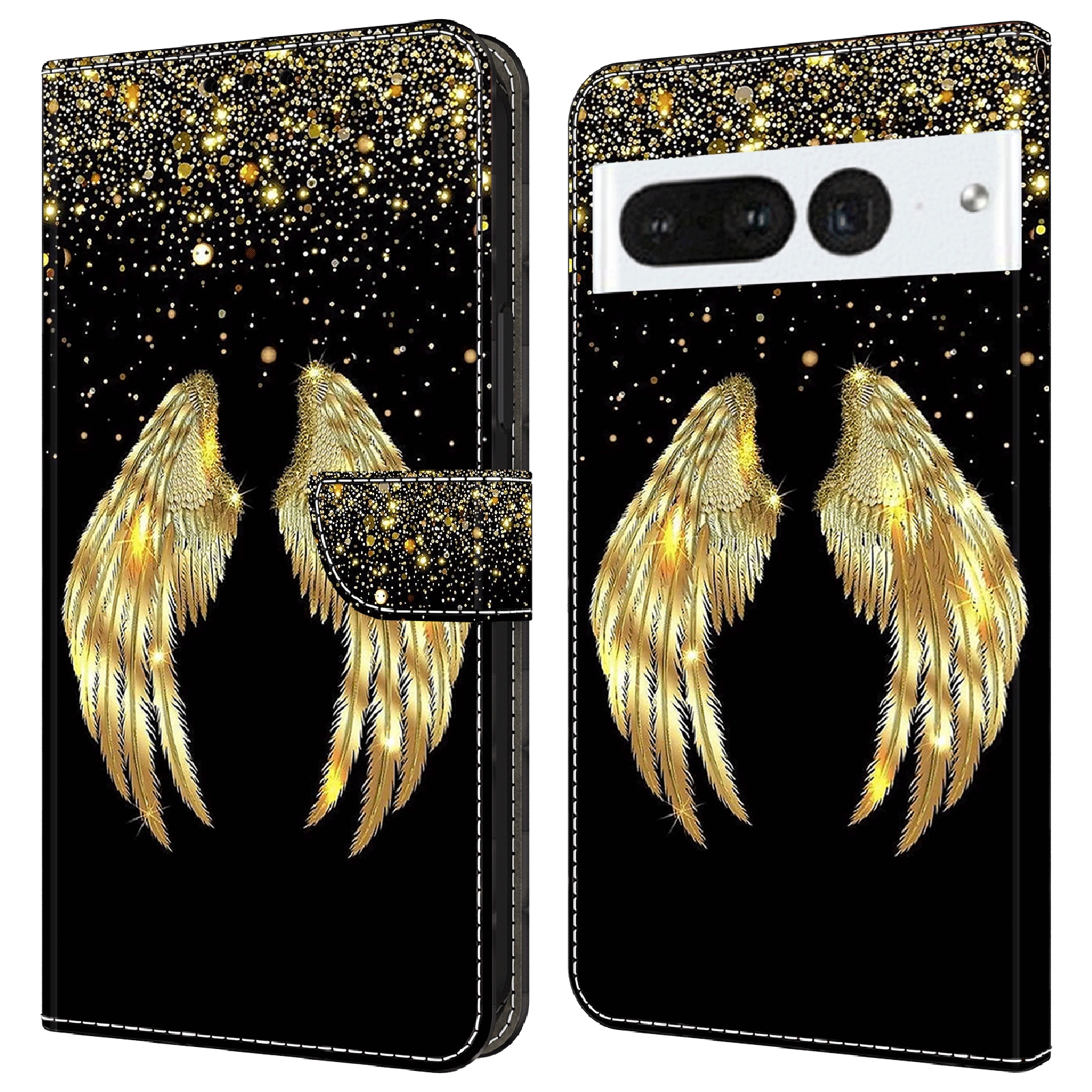 

Für Google Pixel 7 Pro 5G PU Leder -ständer Cover 3D -muster Gedrucktes Flip Wallet Phone Hülle - Gold Flügel, Google Pixel 7 Pro 5G